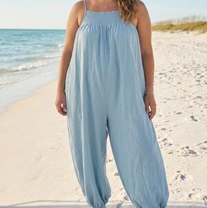 Free People Blue Cotton/Linen Beach Romper/Jumpsuit - LG/XL/2X (oversized)
